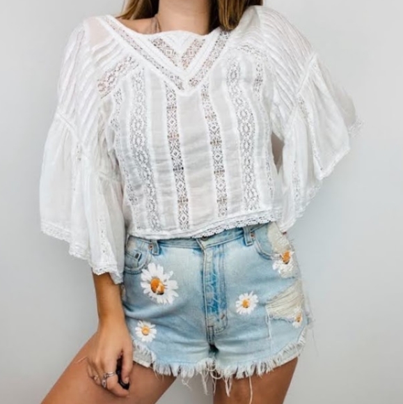 American Eagle Outfitters Tops - *SOLD* AMERICAN EAGLE White Boho Crochet Panel Bell Sleeve Cropped Top